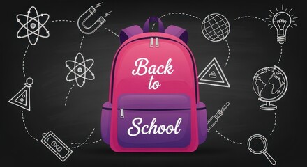 A pink and purple backpack with back to school text and educational icons