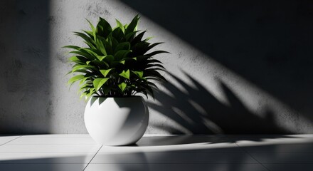 A small green plant in a white pot on a table with a shadow