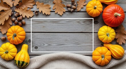 A rustic autumnal arrangement of pumpkins and leaves on a wooden table