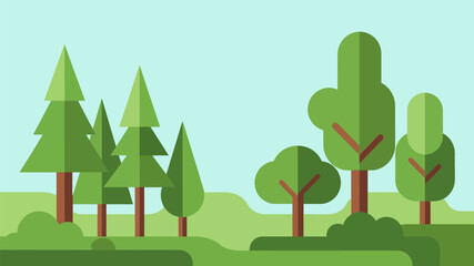 Obraz premium Vibrant flat illustration of a lush green forest landscape with diverse trees under a clear sky, representing nature and eco-friendly environments for digital design