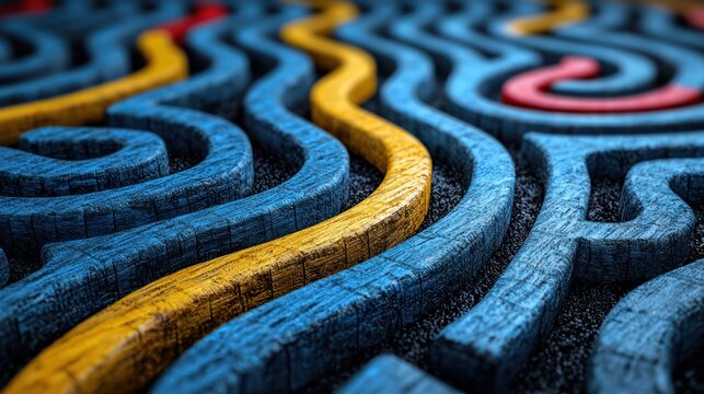 Close-up view of a textured maze, featuring bright colored paths and a circular center