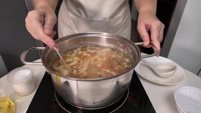 A woman cooks soup in a pot on an induction hob, stirring the soup with a spoon