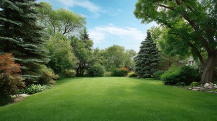 Fototapeta premium Lush Green Lawn Surrounded by Vibrant Trees and Bushes Under a Clear Blue Sky in a Peaceful Natural Setting