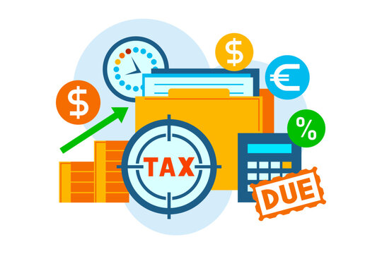 Various tax-related items, including folder with documents, calculator, clock indicating time, and symbols of currency. Tax reporting concept