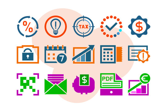 Various icons related to tax and reporting. Symbols for money, calendars, documents, and alerts. Tools for managing tax tasks