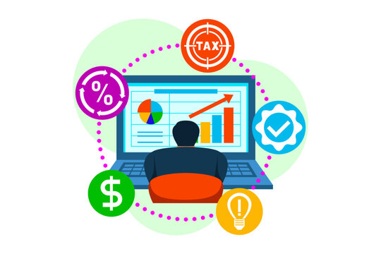 Person sitting in front of computer screen looking at graphs and charts related to tax reporting. Screen showing financial data, including percentages and dollar amounts