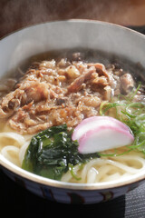 湯気の上がる温かい肉うどん