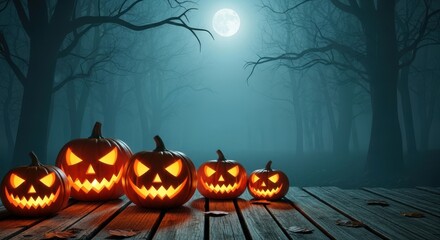 A spooky arrangement of carved pumpkins on a wooden deck in a dark forest