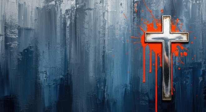 A silver cross with red blood splatter on a dark blue abstract background