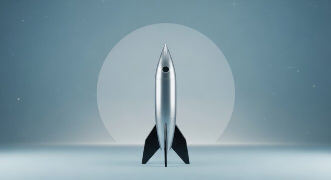 A sleek silver rocket ship stands tall in front of a large moon.
