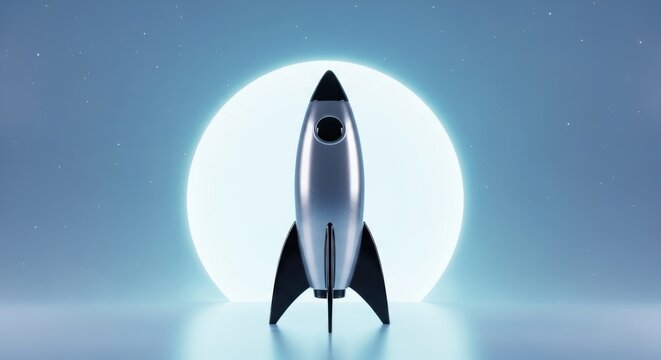 A sleek silver rocket ship stands in front of a glowing moon
