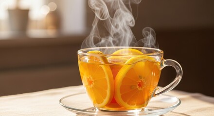 A steaming cup of tea with slices of orange in a cozy setting