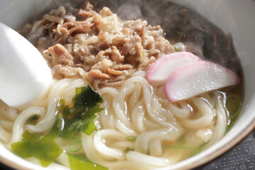 湯気の上がる温かい肉うどん