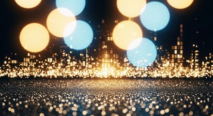 A vibrant cityscape at night with colorful glowing lights and bokeh effects