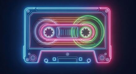 A vibrant neon-lit cassette tape on a dark background