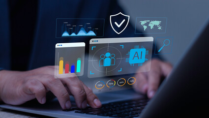 AI marketing and secure data analytics concept. Businessman using laptop with audience targeting, customer segmentation, global SEO, and privacy protection dashboard.