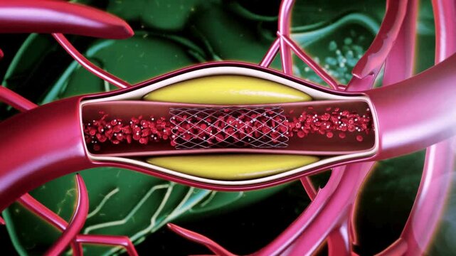 Detailed medical animation of balloon angioplasty showing catheter insertion and balloon inflation inside a narrowed artery to restore blood flow and treat cardiovascular blockage.