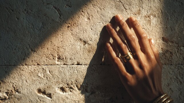 Dark Mediterranean hand gently touching modern Jerusalem stone wall with warm shadows and minimal luxury spa aesthetic.
