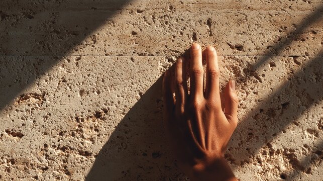 Dark Mediterranean hand gently touching modern Jerusalem stone wall with warm shadows and minimal luxury spa aesthetic.