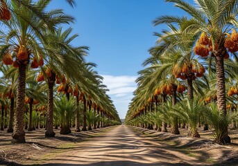 Obraz premium Straight dirt path through lush green palm tree plantation with ripe dates hanging, symmetrical rows, vibrant blue sky, serene atmosphere, perfect symmetry, photo realistic, idyllic scene, t