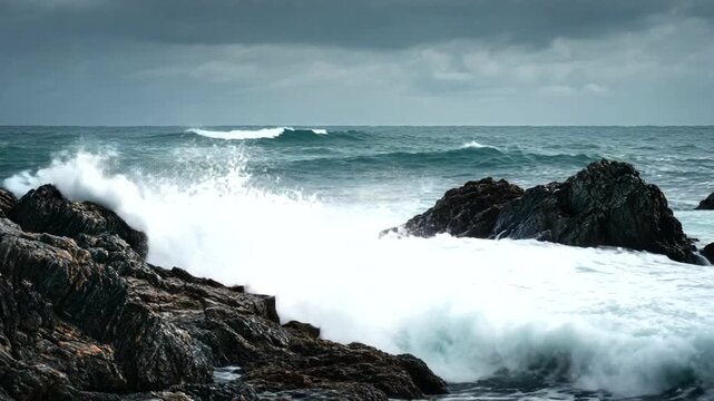 Dramatic Seascape with Waves Crashing on Rocky Shore