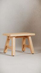 Fototapeta premium Sturdy wooden stool with angled legs, support beams, and smooth finish. Ideal for furniture catalogs, product visualization, interior design projects, and minimalist decor presentations.