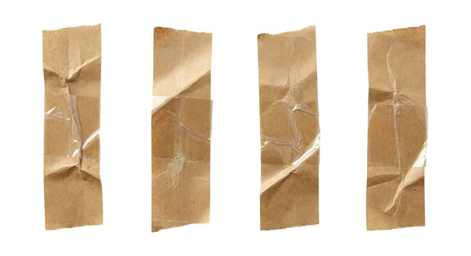 Collection of crumpled brown packaging tape strips with transparent background, png