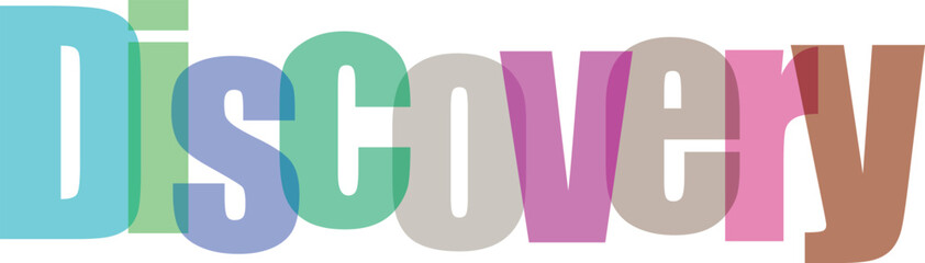 Discovery word in vibrant overlapping letters on transparent background symbolizing exploration and innovation for educational content
