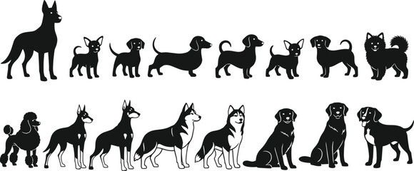 Vector Collection of Various Dog Breed Silhouettes Including Labrador Poodle Dachshund and Husky Isolated Icons for Pet Shop Design Projects © IMRAN KHAN