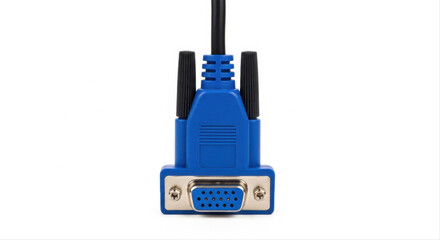 Fototapeta premium Blue VGA adapter with cable isolated on a clean white background, showcasing its connector pins and sturdy design in a centered composition