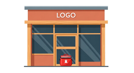 Vibrant cartoon illustration of a modern food service storefront, showcasing seamless takeout and convenient meal delivery operations with a distinct red insulated bag awaiting collection outside