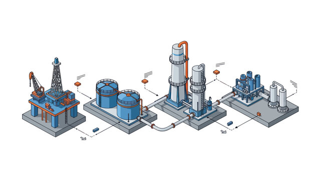 Isometric illustration of an oil and gas production process.