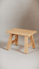 Fototapeta premium Sturdy wooden stool with angled legs, support beams, and smooth finish. Ideal for furniture catalogs, product visualization, interior design projects, and minimalist decor presentations.