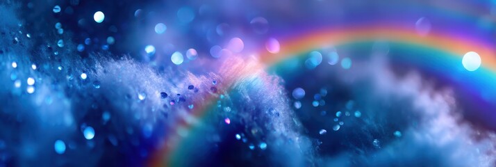 Fototapeta premium Close-up of water droplets with a vibrant rainbow and bokeh effect on a blue background.