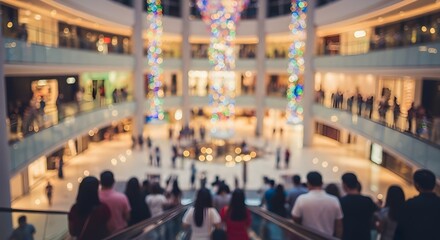 Obraz premium Blurred background of a modern, multi-level shopping center bustling with people, reflecting vibrant consumerism and urban lifestyle