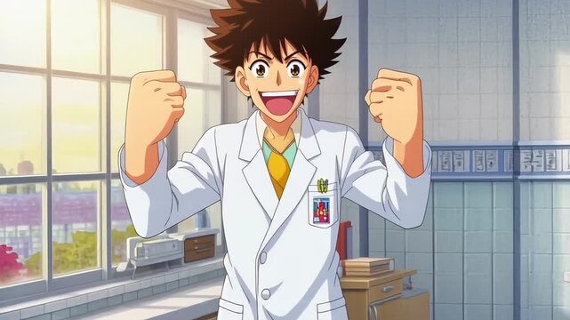 Energetic Anime Male Protagonist in Lab Coat with Bright Smile and Dynamic Gestures, Science Lab Digital Art
