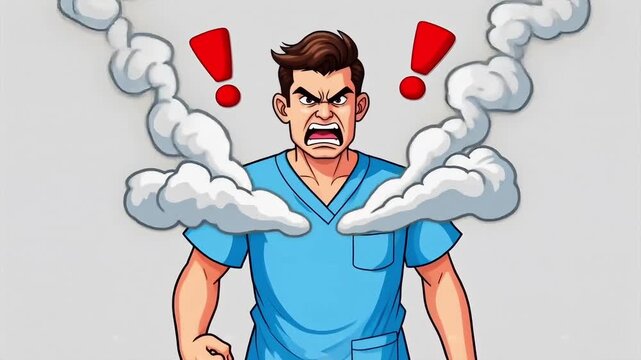 Angry Comic Book Style Portrait of Man with Red Exclamation Points and Smoke, Dramatic Expression Digital Art
