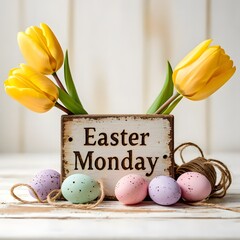 Celebrating easter monday with vibrant tulips and decorative eggs