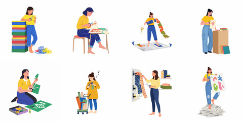 Fototapeta premium Diverse women illustrating creative paper crafts, collage art, and DIY projects, showcasing cutting, designing, and artistic expression.