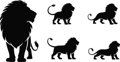 Black silhouettes of lions in different poses and sizes king of the jungle mane © MdRobiul