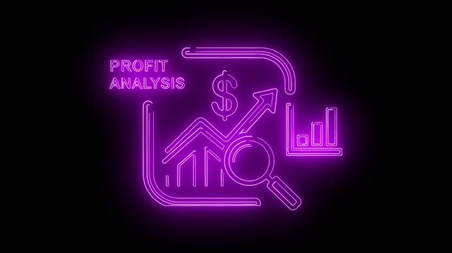 Neon purple icon of profit analysis with graphs and magnifying glass on black background.