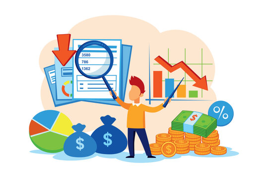Person analyzing charts and reports related to tax, cost management, and financial optimization. Money, graphs, and key business metrics illustrating financial evaluation