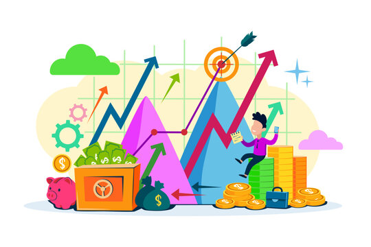 Different financial elements like money, graphs, and growth indicators. Person writing notes while analyzing progress in investment sector. Different colors representing various charts
