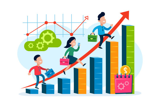 People engaged in investment activities as they climbing toward growth. Graphs and charts showing progress in capital development. Tools and technology playing role in their journey