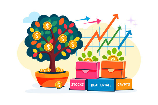 Graphic showing tree with coins. Boxes labeled stocks, real estate, and crypto next to growth chart with arrows pointing up. Investment and capital growth concept