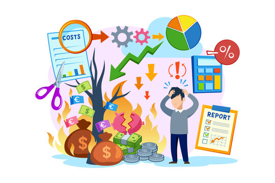 Person standing in center of chaotic scene featuring graphs, money, and tax-related symbols. Stressed man surrounded by financial data and cost indicators