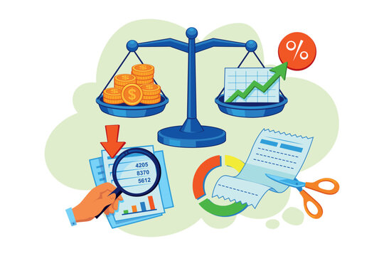 Tax reporting and cost optimization. Balance scale, charts, and paperwork. Hand analyzing data with focus on financial items and growth