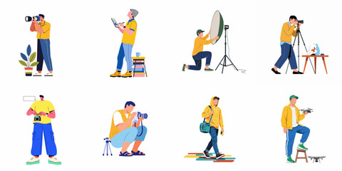 Fototapeta premium Photographers and videographers performing various tasks related to their craft in a modern flat illustration style.