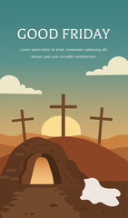 Good Friday Three Crosses on Calvary Hill with Empty Tomb and Shroud at Sunset