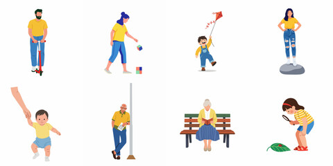 Fototapeta premium Multigenerational illustration of people engaged in everyday activities: playing, learning, commuting, and relaxing.